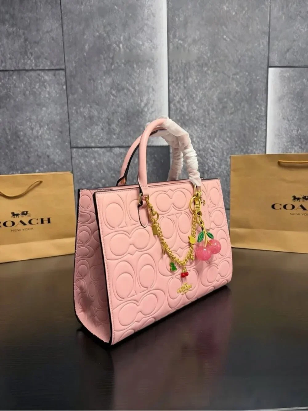 Pink Quilted Signature Leather Satchel with Cherry Charm